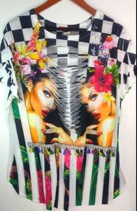 Rainbow 2X Shredded Front Tropics Floral Checkerboard Island Ladies Top